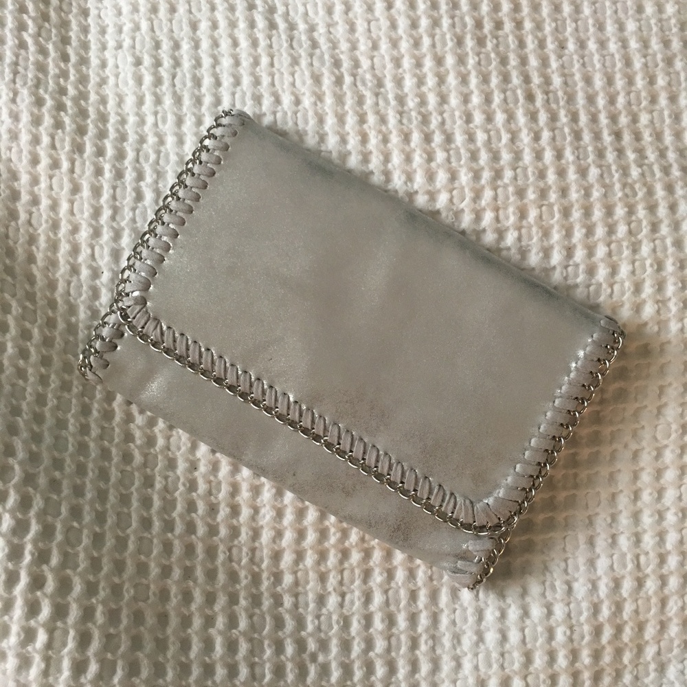 Silver Brushed Metallic Clutch Purse Chain Detail